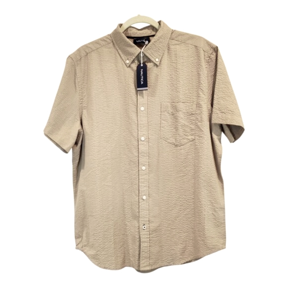 NEW NAUTICA SZ L Men's Seersucker Short Sleeve Button Down Casual Shirt Tan